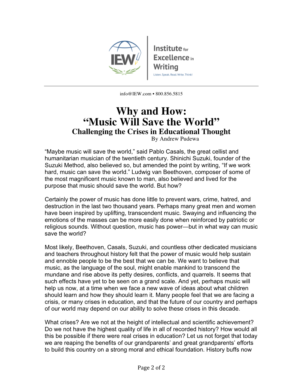 Why and How: “Music Will Save the World” Challenging the Crises in Educational Thought by Andrew Pudewa