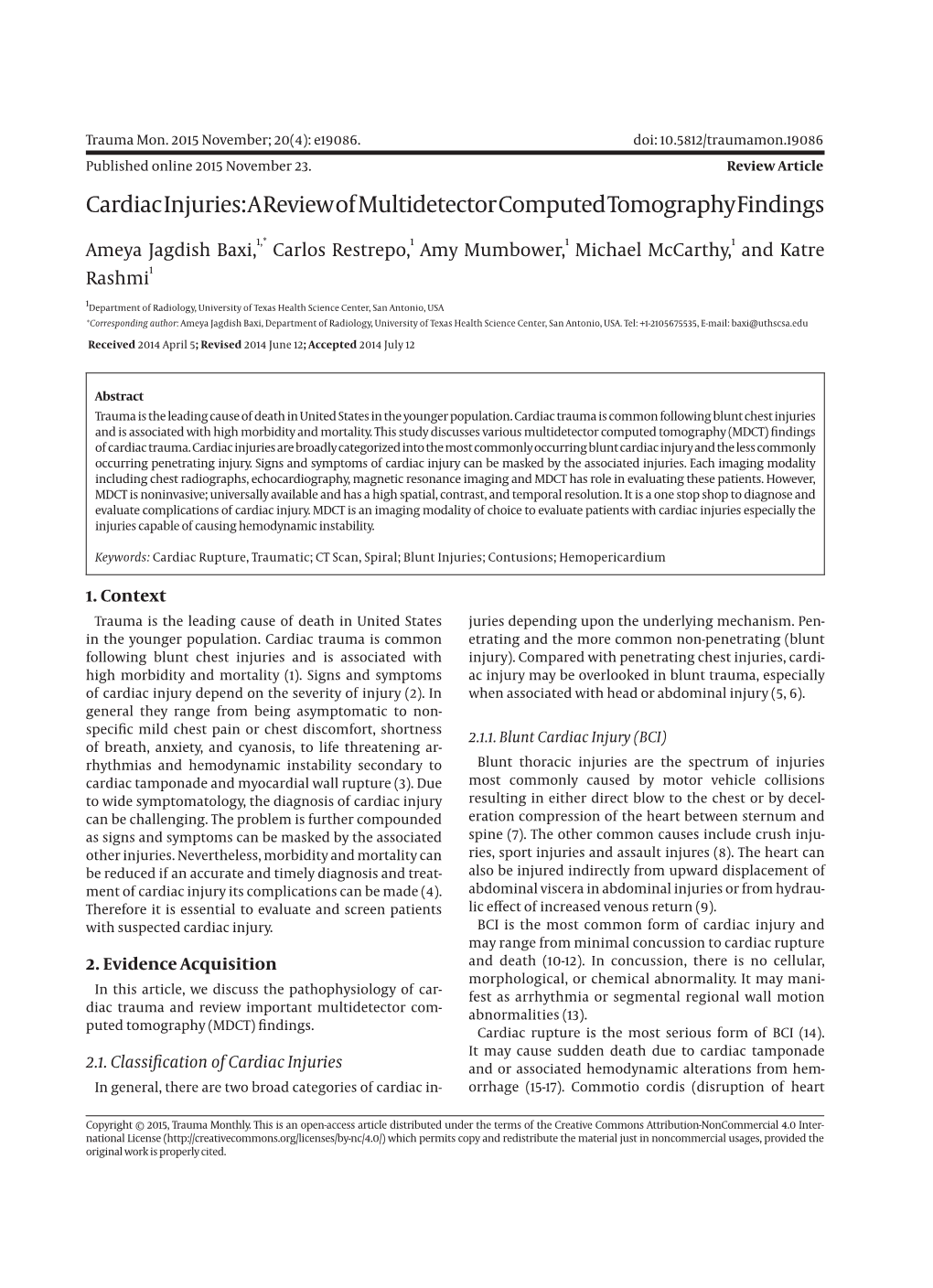 Cardiac Injuries: a Review of Multidetector Computed Tomography Findings