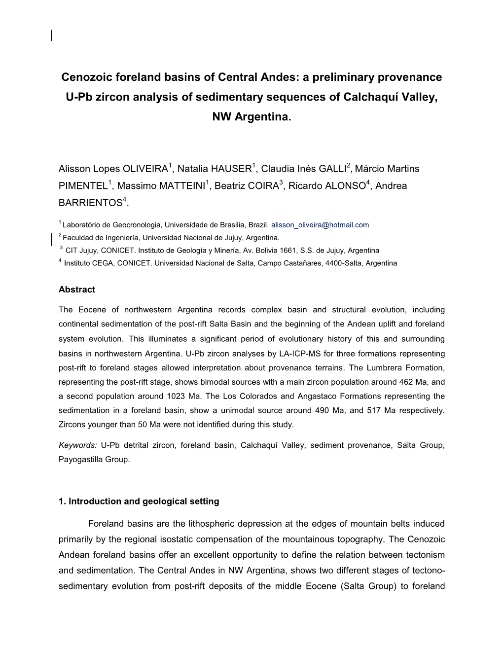 Cenozoic Foreland Basins of Central Andes: a Preliminary Provenance U-Pb Zircon Analysis of Sedimentary Sequences of Calchaquí Valley, NW Argentina