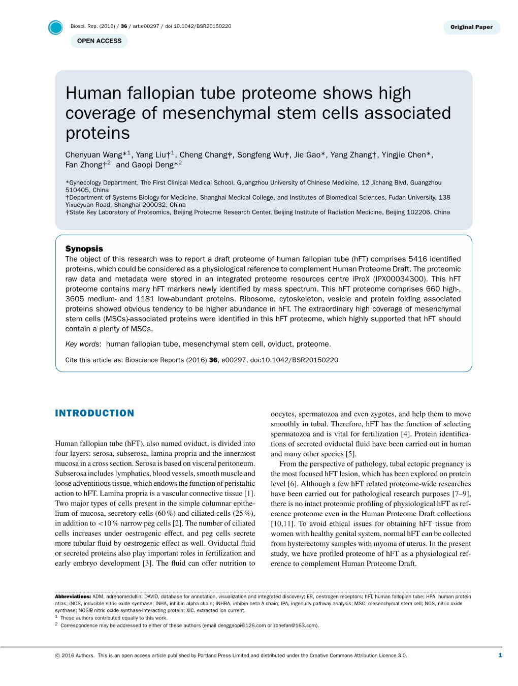 Human Fallopian Tube Proteome Shows High Coverage of Mesenchymal Stem Cells Associated Proteins