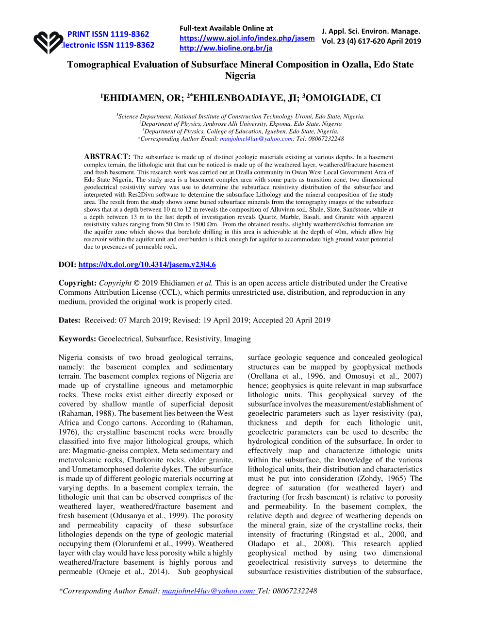 Tomographical Evaluation of Subsurface Mineral Composition in Ozalla, Edo State Nigeria