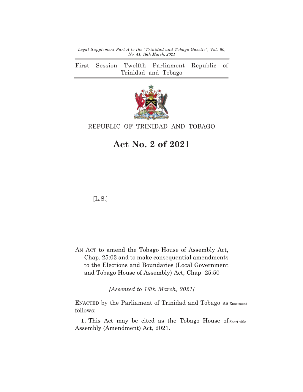 The Tobago House of Assembly (Amendment) Act, 2021