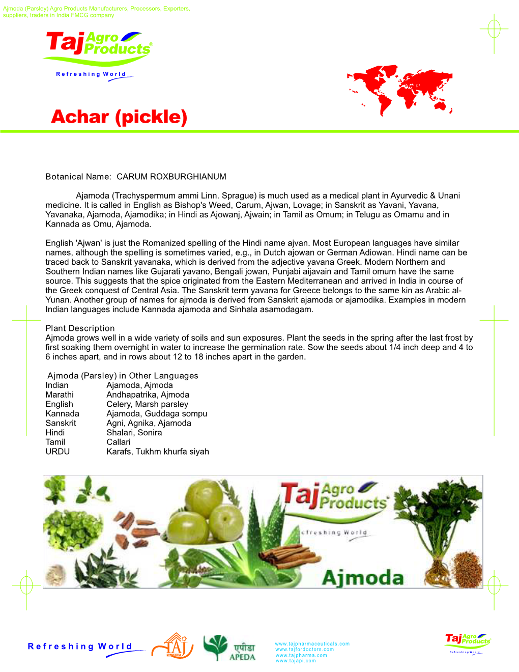 Ajmoda (Parsley) Agro Products Manufacturers, Processors, Exporters, Suppliers, Traders in India FMCG Company Taj Agro Products®
