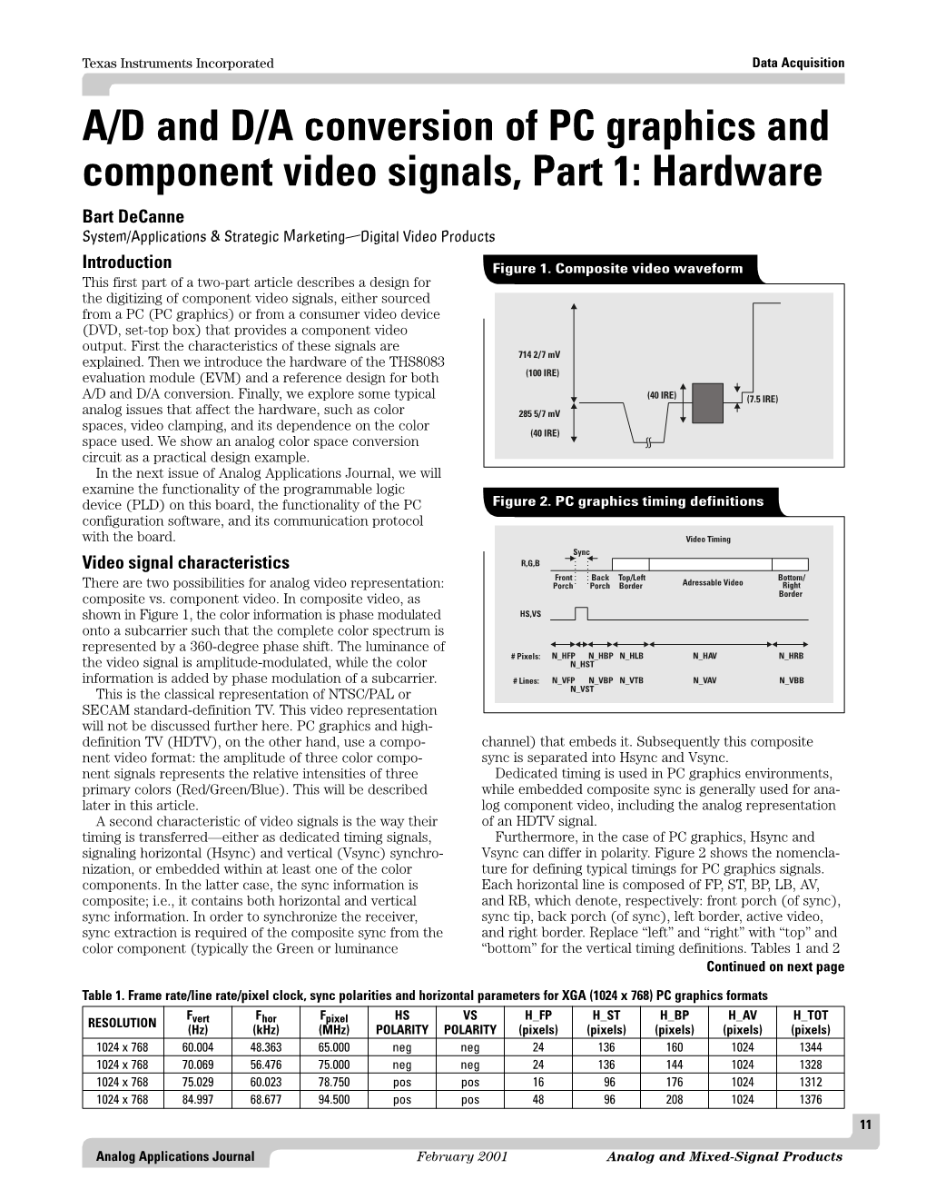 A/D and D/A Conversion of PC Graphics and Component Video Signals, Part 1: Hardware Bart Decanne System/Applications & Strategic Marketing—Digital Video Products