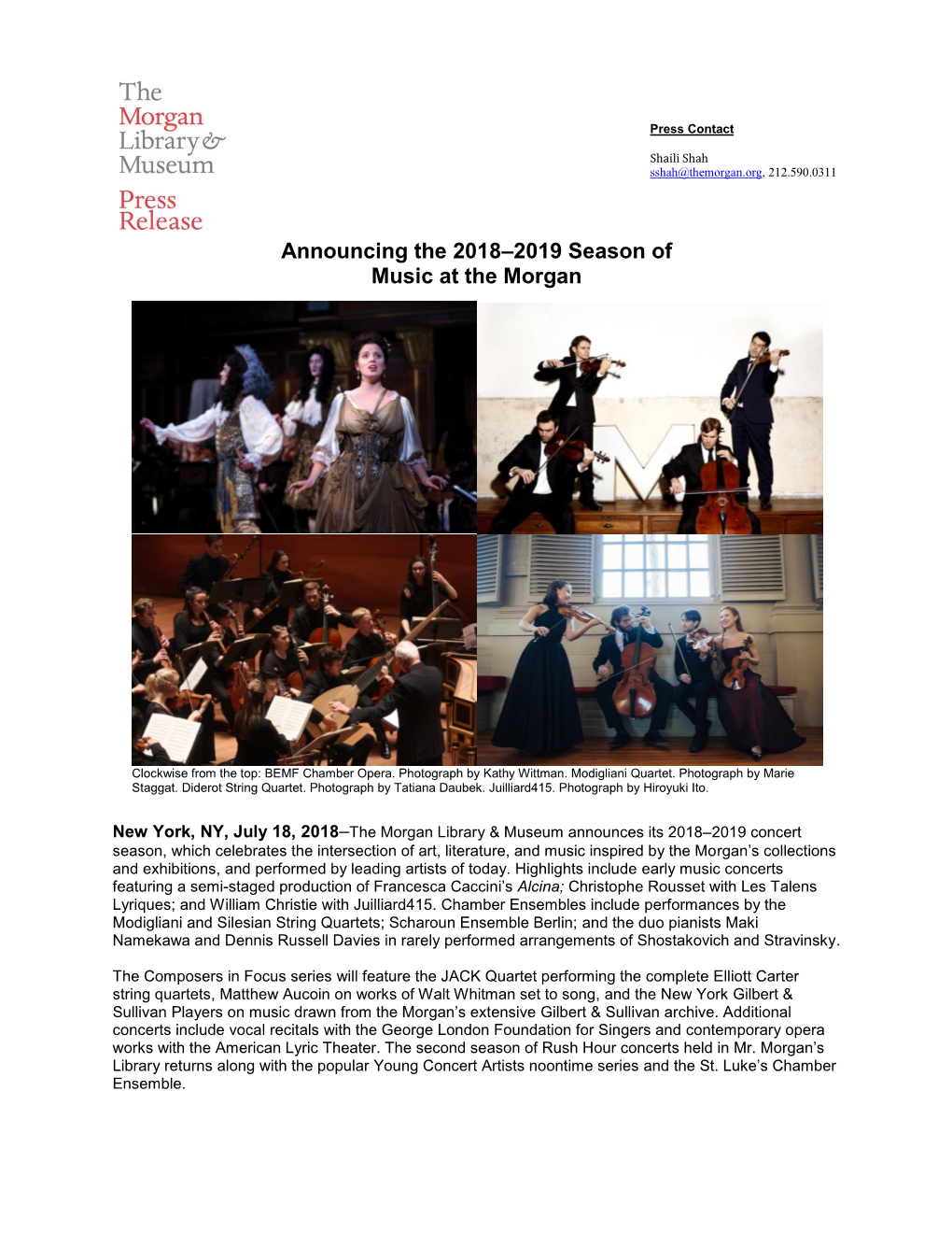 Announcing the 2018–2019 Season of Music at the Morgan