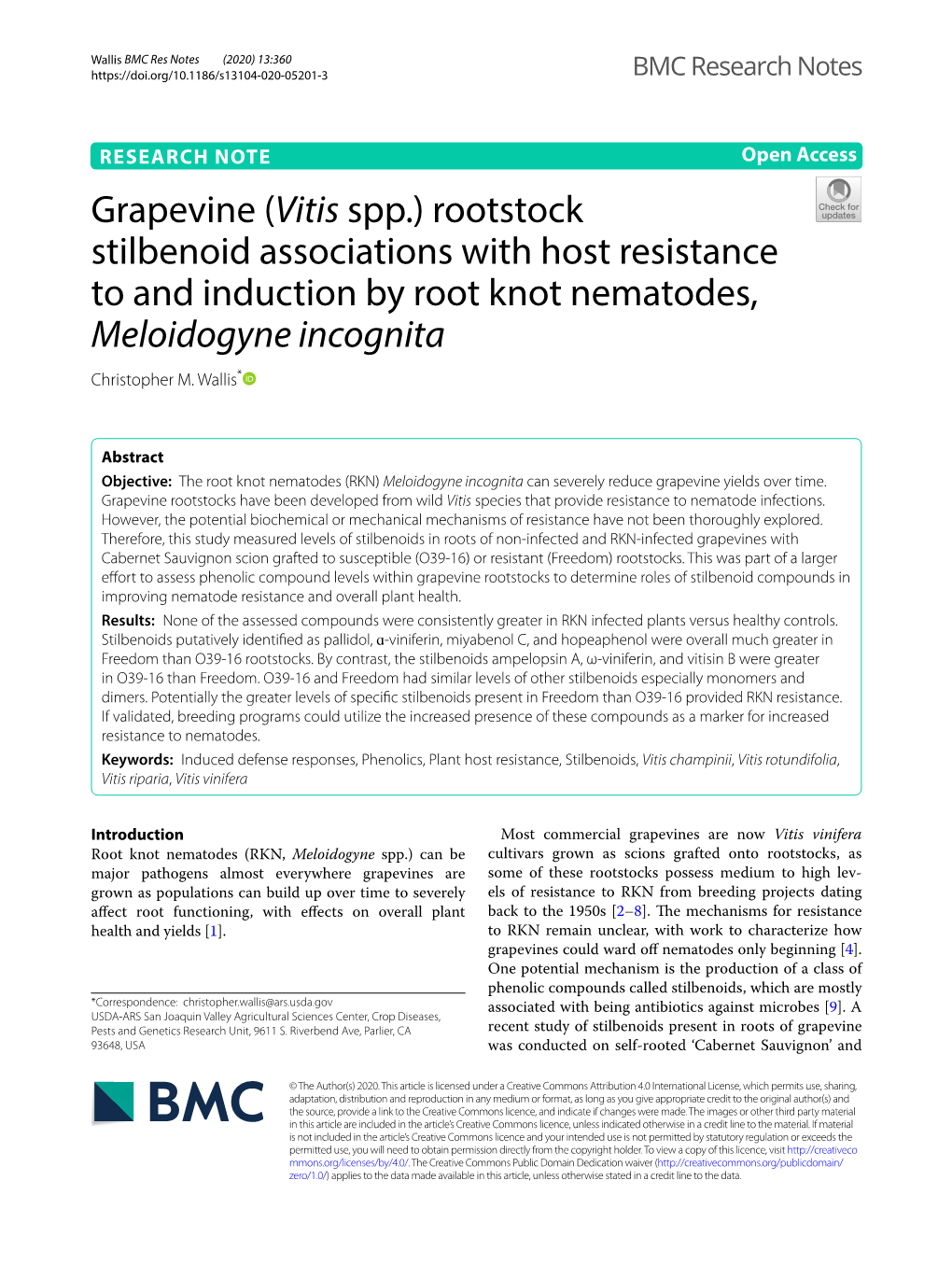 Grapevine (Vitis Spp.) Rootstock Stilbenoid Associations with Host Resistance to and Induction by Root Knot Nematodes, Meloidogyne Incognita Christopher M