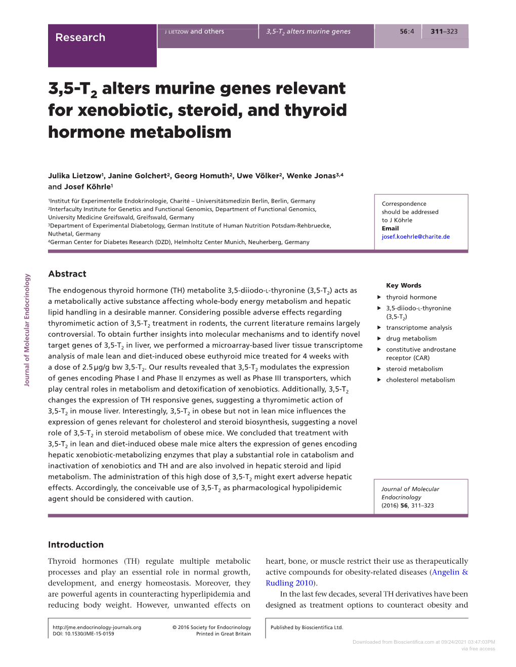 3,5-T2 Alters Murine Genes Relevant for Xenobiotic, Steroid, and Thyroid Hormone Metabolism