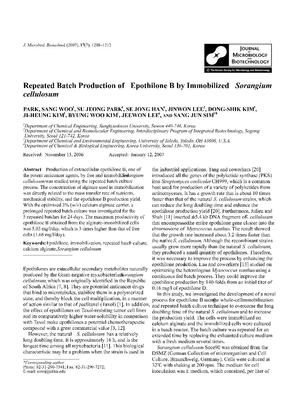 Repeated Batch Production of Epothilone B by Immobilized Sorangium Cellulosum