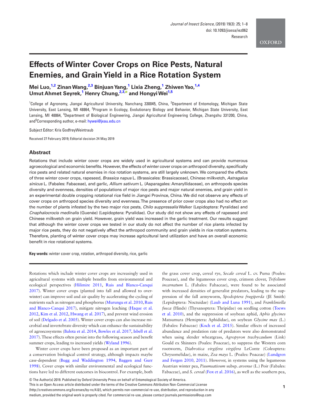 Effects of Winter Cover Crops on Rice Pests, Natural Enemies, and Grain Yield in a Rice Rotation System