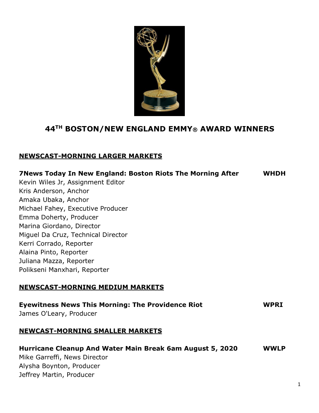 44Th Boston/New England Emmy® Award Winners