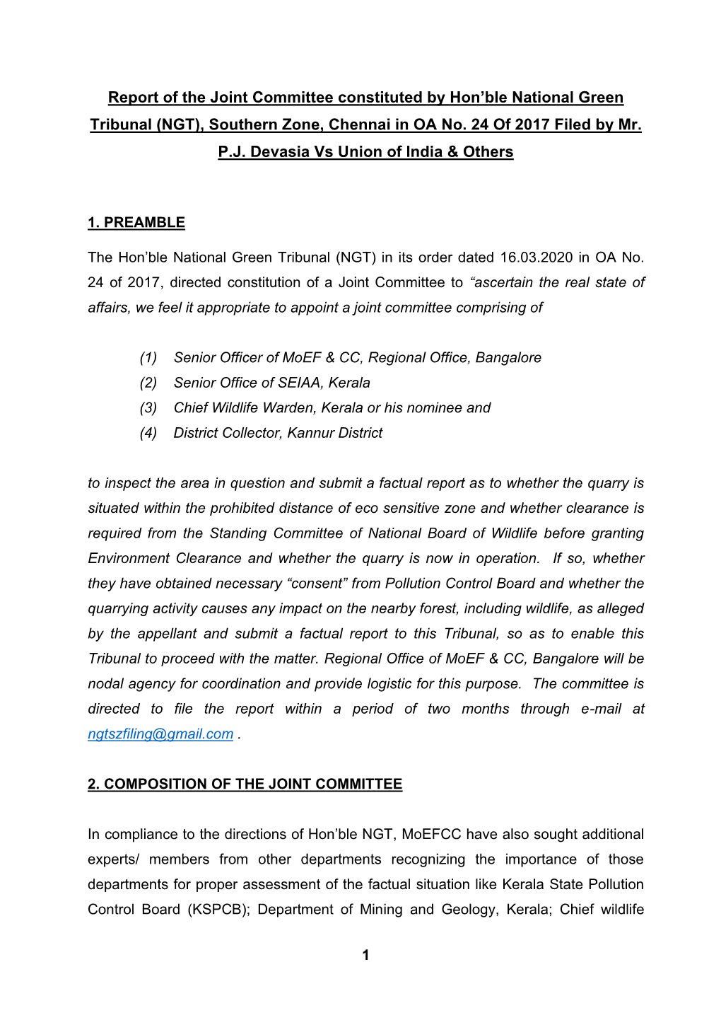 (NGT), Southern Zone, Chennai in OA No. 24 of 2017 Filed by Mr