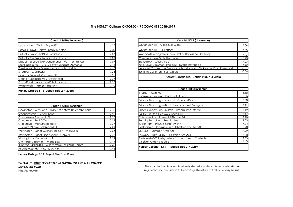 The HENLEY College OXFORDSHIRE COACHES 2018-2019