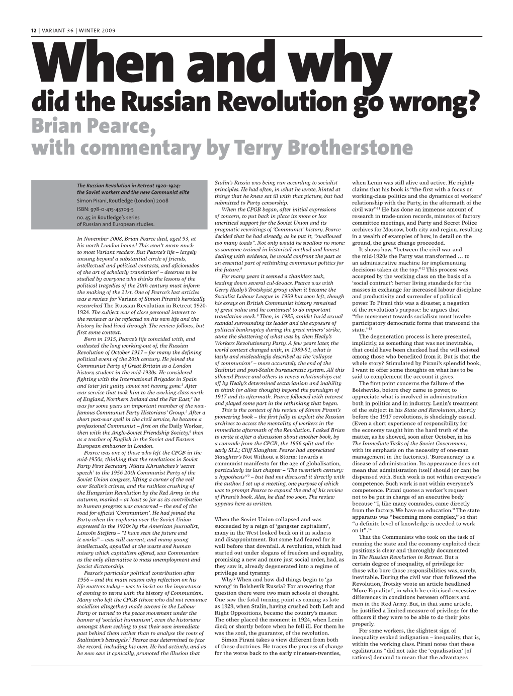 Did the Russian Revolution Go Wrong? Brian Pearce, with Commentary by Terry Brotherstone
