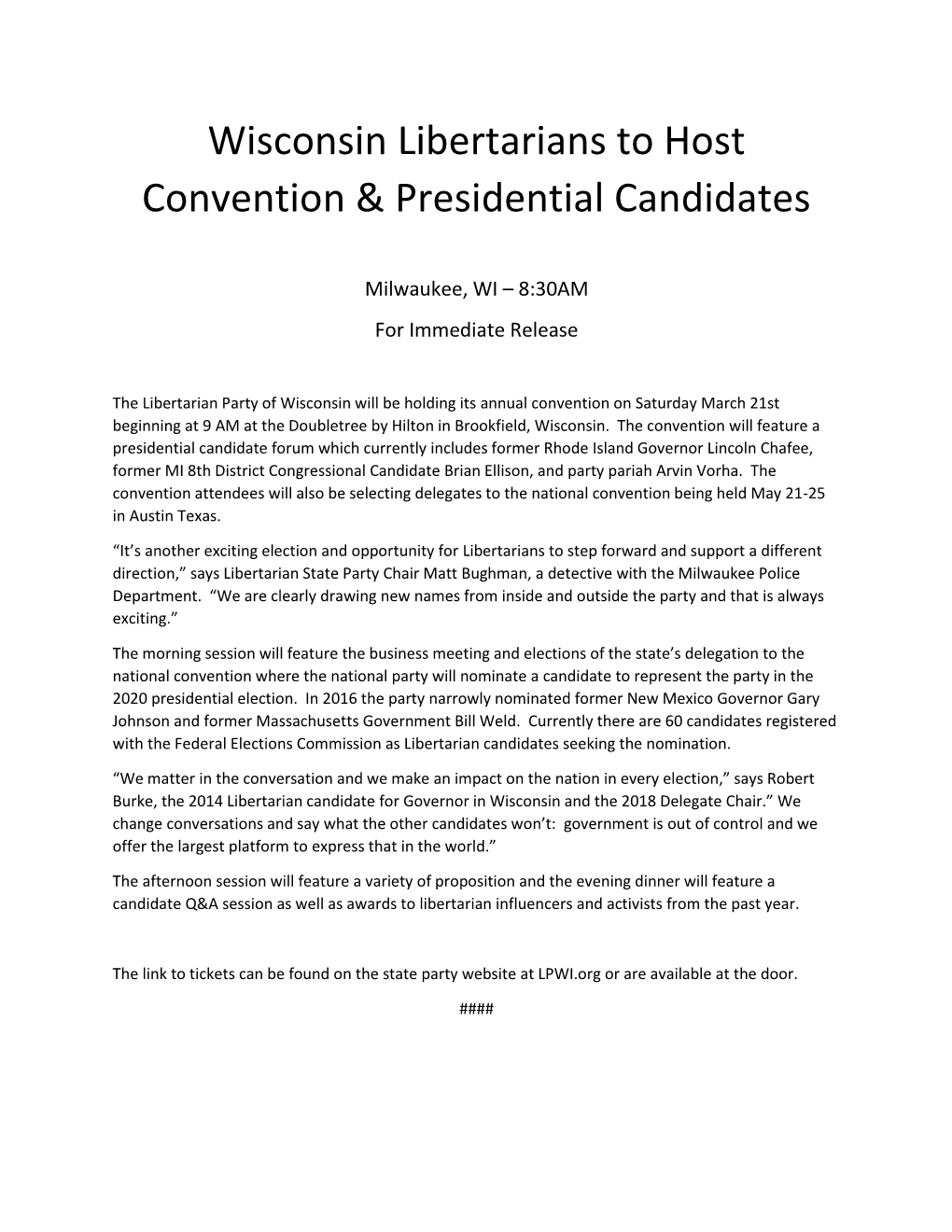 Wisconsin Libertarians to Host Convention & Presidential