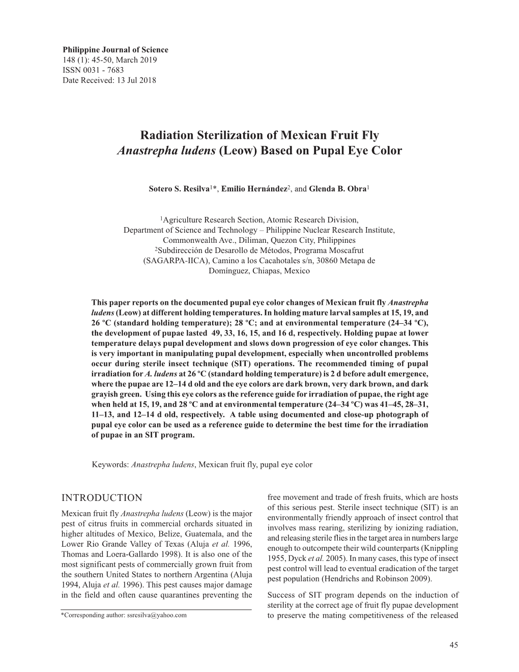 Radiation Sterilization of Mexican Fruit Fly Anastrepha Ludens (Leow) Based on Pupal Eye Color