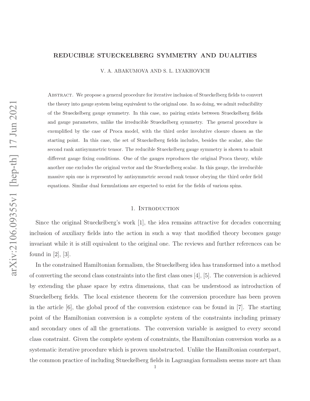 Arxiv:2106.09355V1 [Hep-Th] 17 Jun 2021 H Omnpatc Ficuigsucebr Ed Nlgaga Fo Lagrangian in ﬁelds Stueckelberg Including of Practice Common Un the Unobstructed