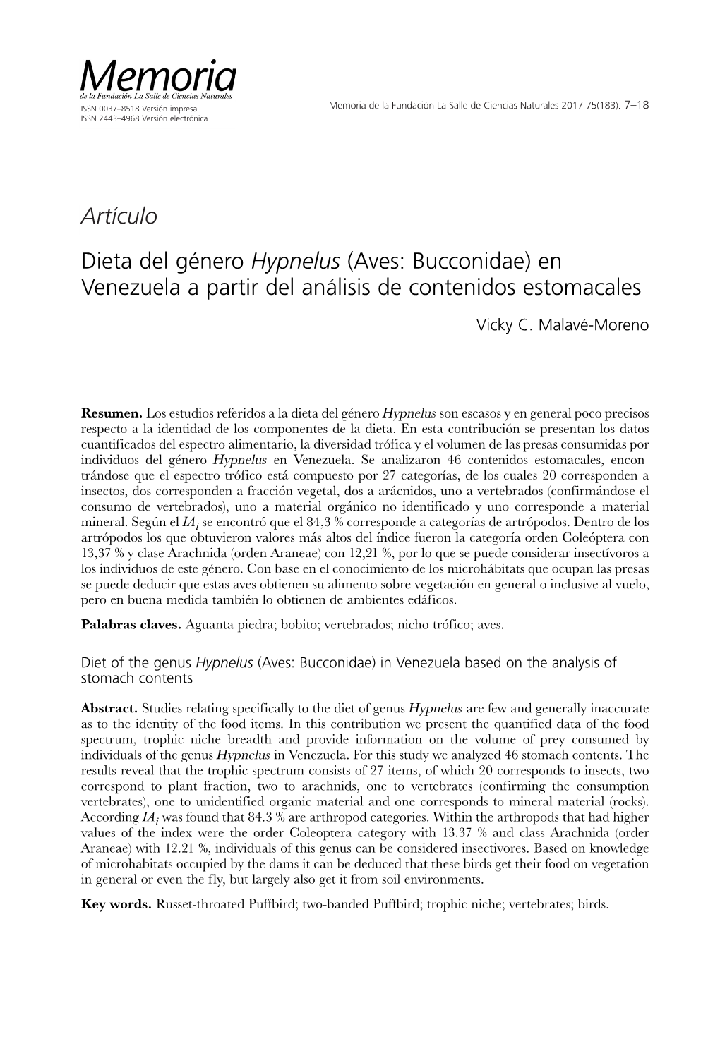 Dieta Del Género Hypnelus (Aves: Bucconidae) En Venezuela a Partir Del Análisis De Contenidos Estomacales