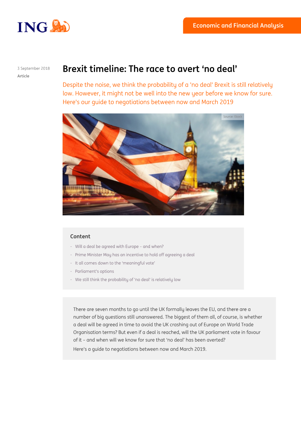 Brexit Timeline: the Race to Avert ‘No Deal’ Article Despite the Noise, We Think the Probability of a 'No Deal' Brexit Is Still Relatively Low