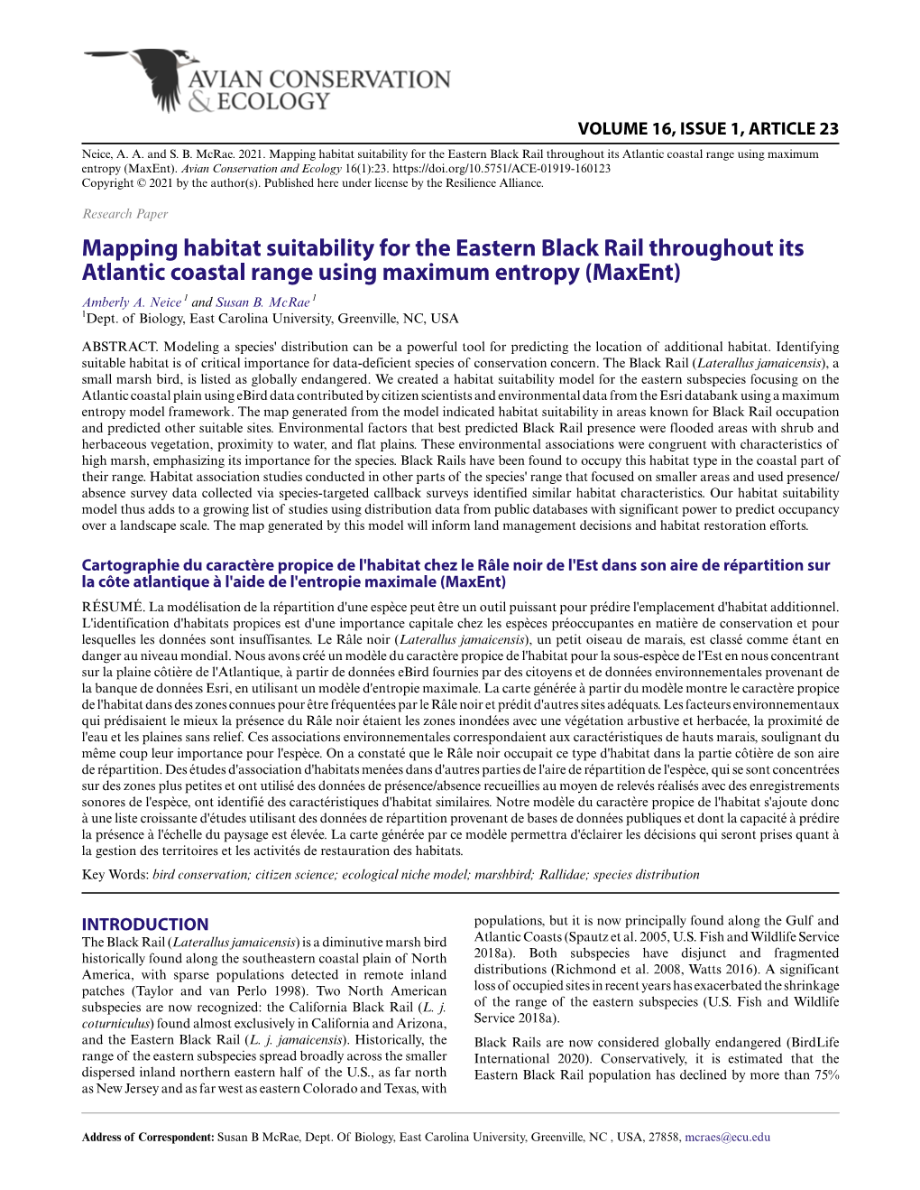 Mapping Habitat Suitability for the Eastern Black Rail Throughout Its Atlantic Coastal Range Using Maximum Entropy (Maxent)