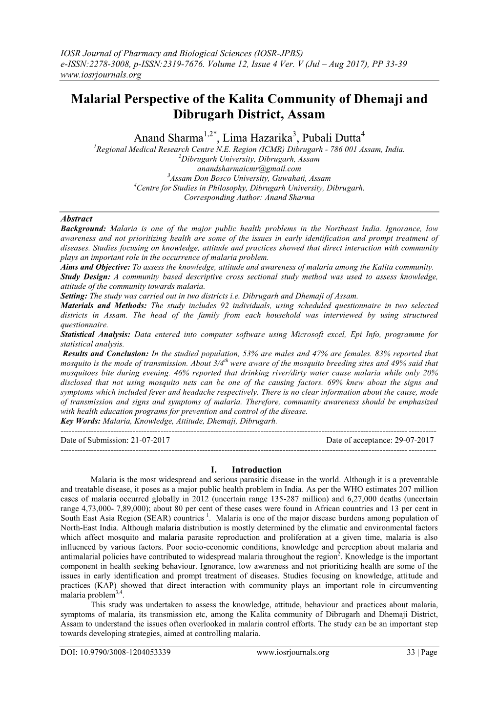 Malarial Perspective of the Kalita Community of Dhemaji and Dibrugarh District, Assam