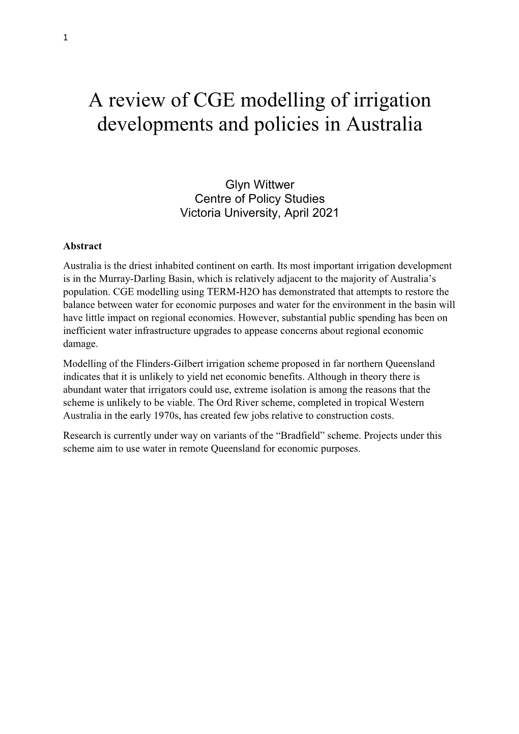 A Review of CGE Modelling of Irrigation Developments and Policies in Australia