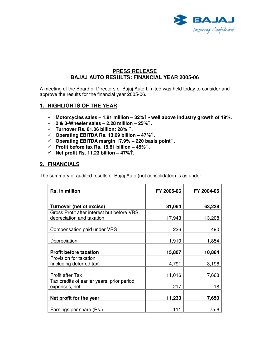 Press Release Bajaj Auto Results: Financial Year 2005-06