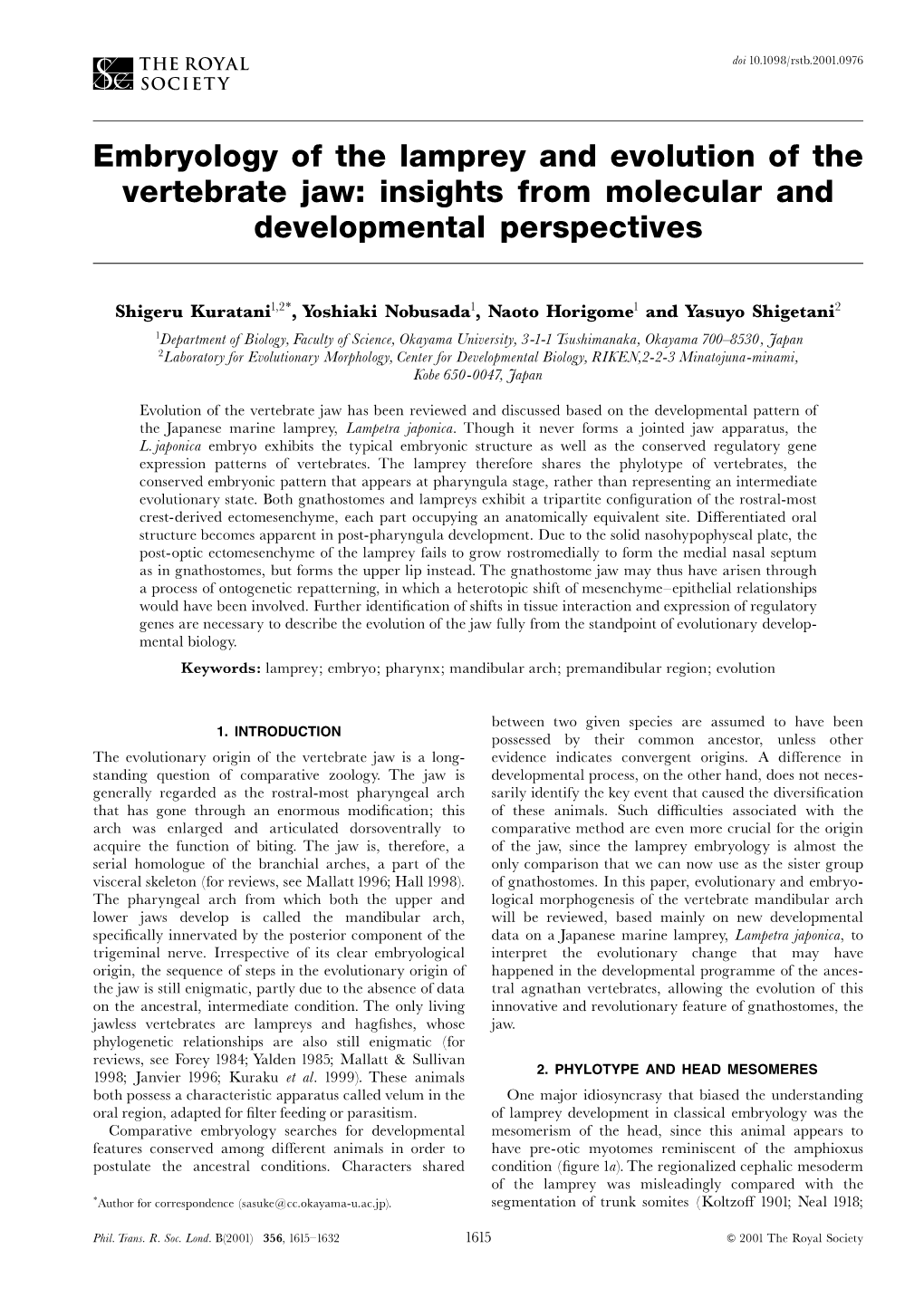 Embryology of the Lamprey and Evolution of the Vertebrate Jaw: Insights from Molecular and Developmental Perspectives