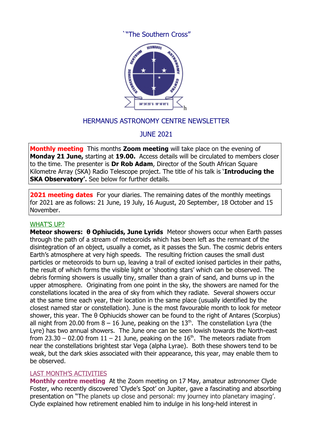 Hermanus Astronomy Centre Newsletter June 2021