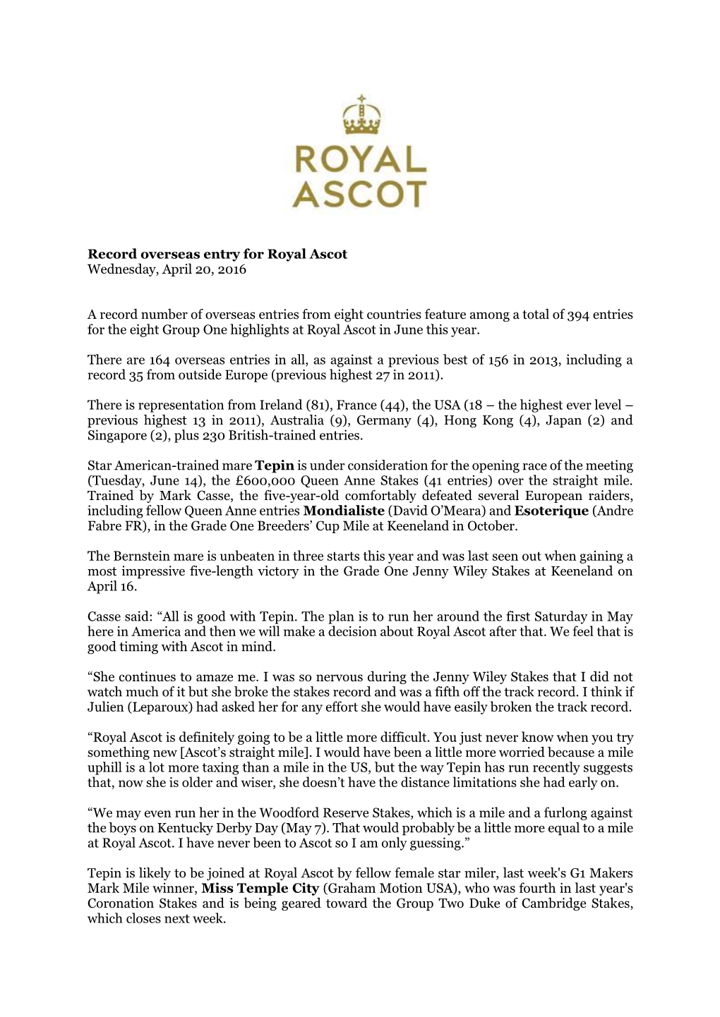 Record Overseas Entry for Royal Ascot Wednesday, April 20, 2016 A