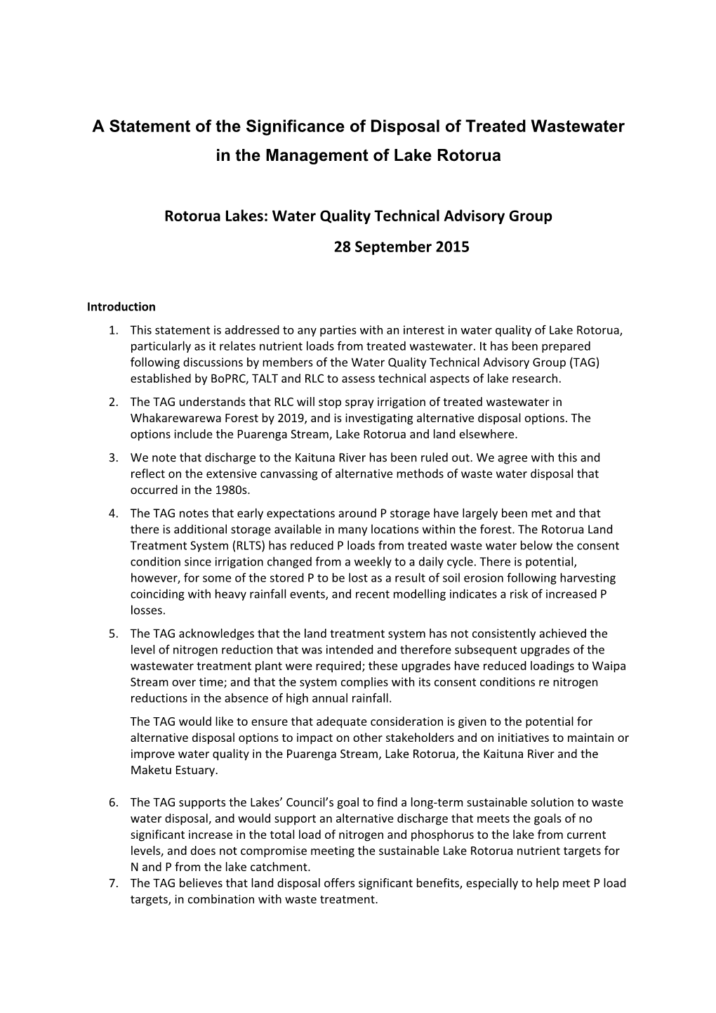 A Statement of the Significance of Disposal of Treated Wastewater in the Management of Lake Rotorua