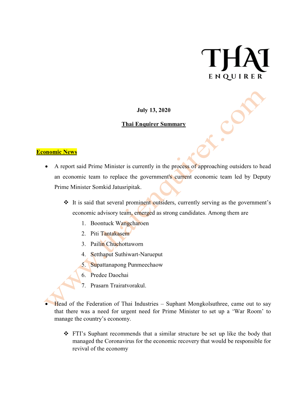 July 13, 2020 Thai Enquirer Summary Economic News • a Report Said