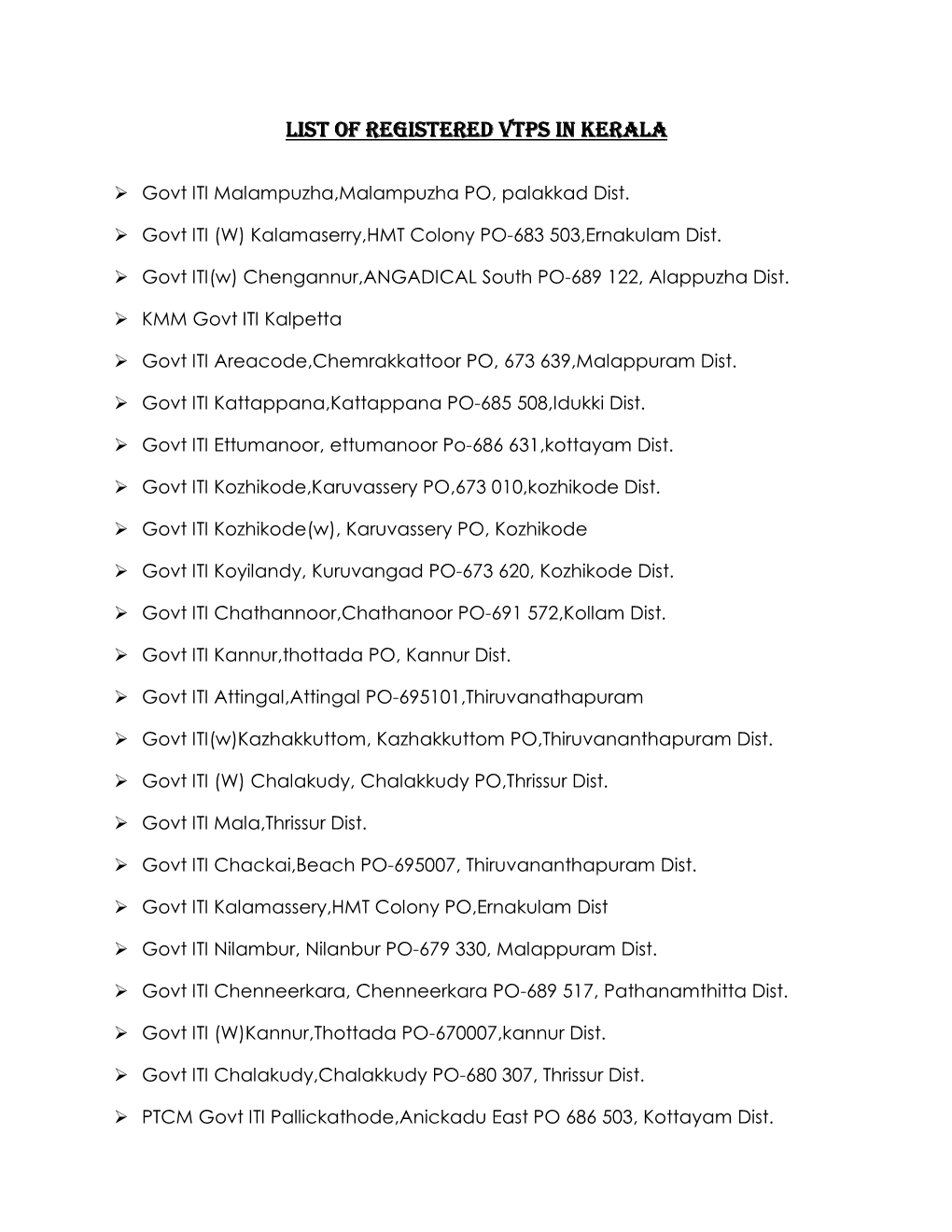 List of Registered Vtps in Kerala