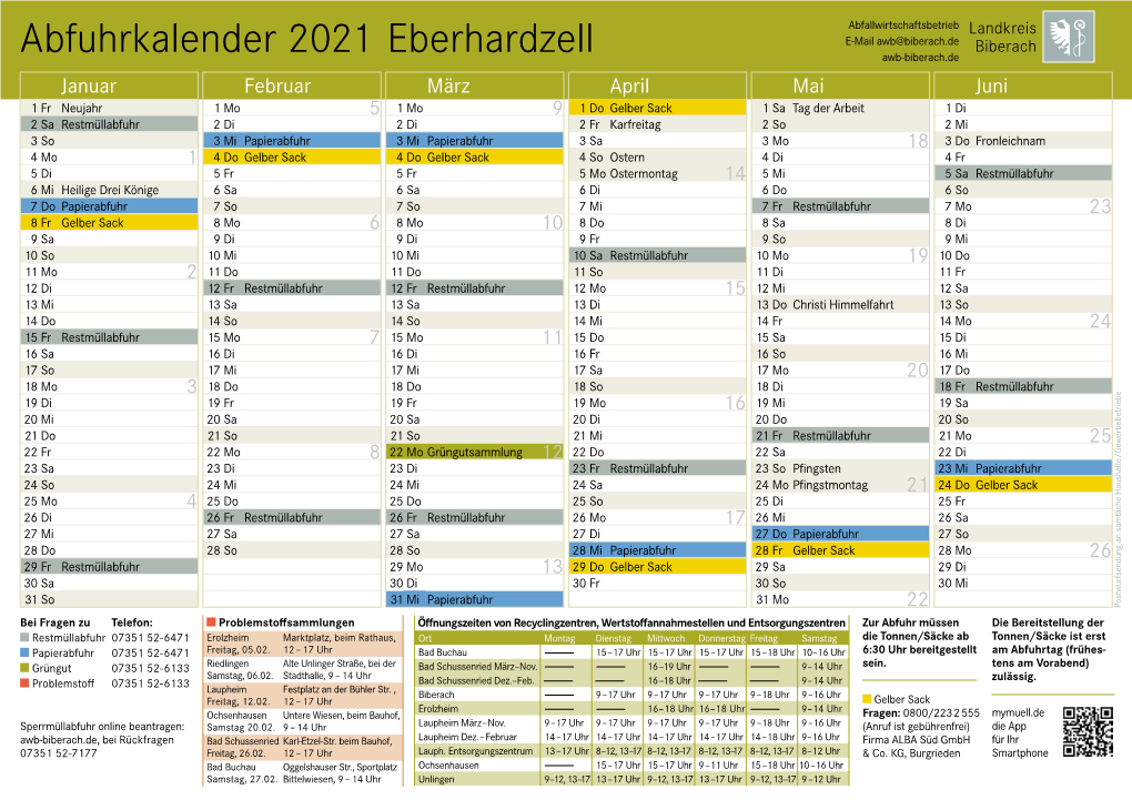 Abfuhrkalender 2021 Eberhardzell