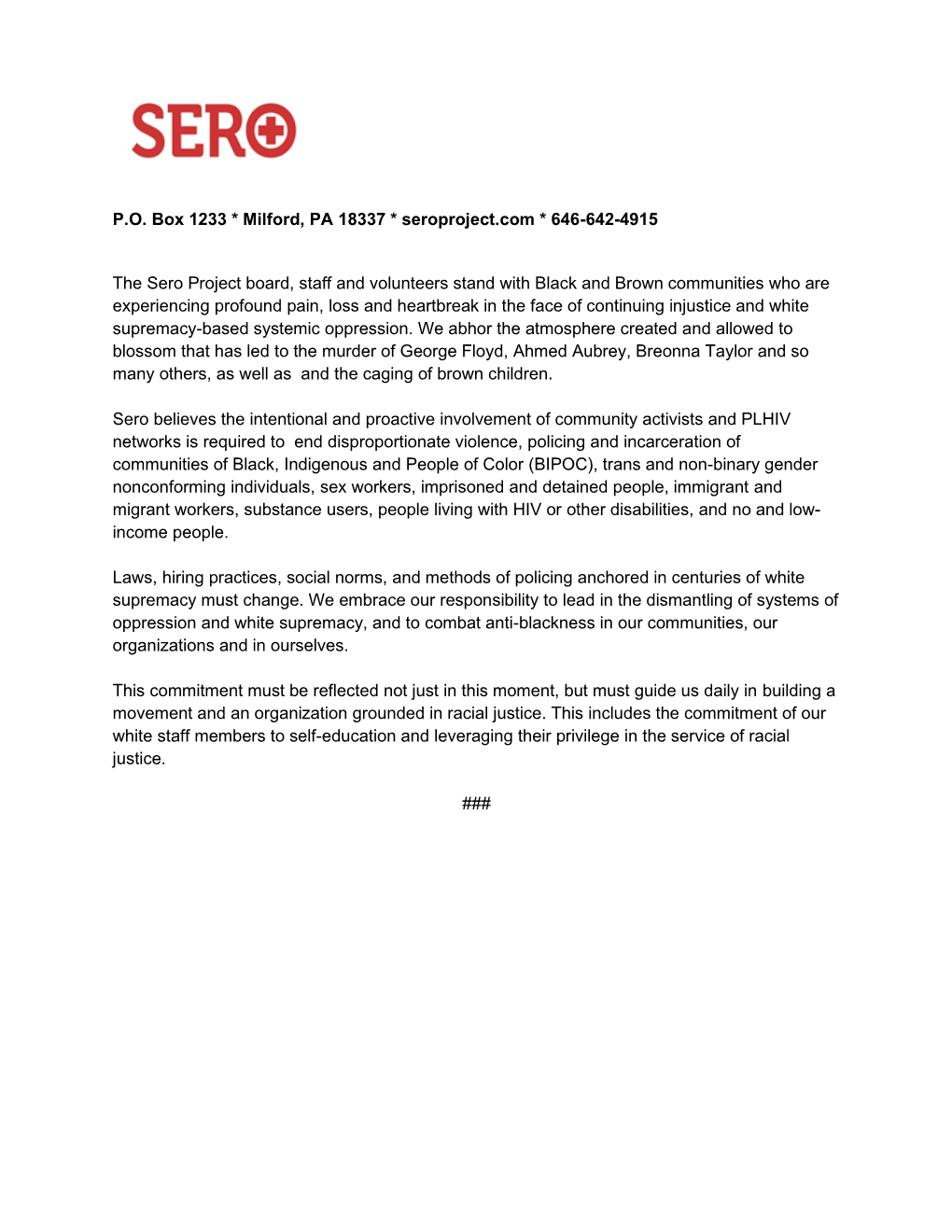 SERO Statement on Racial Injustices