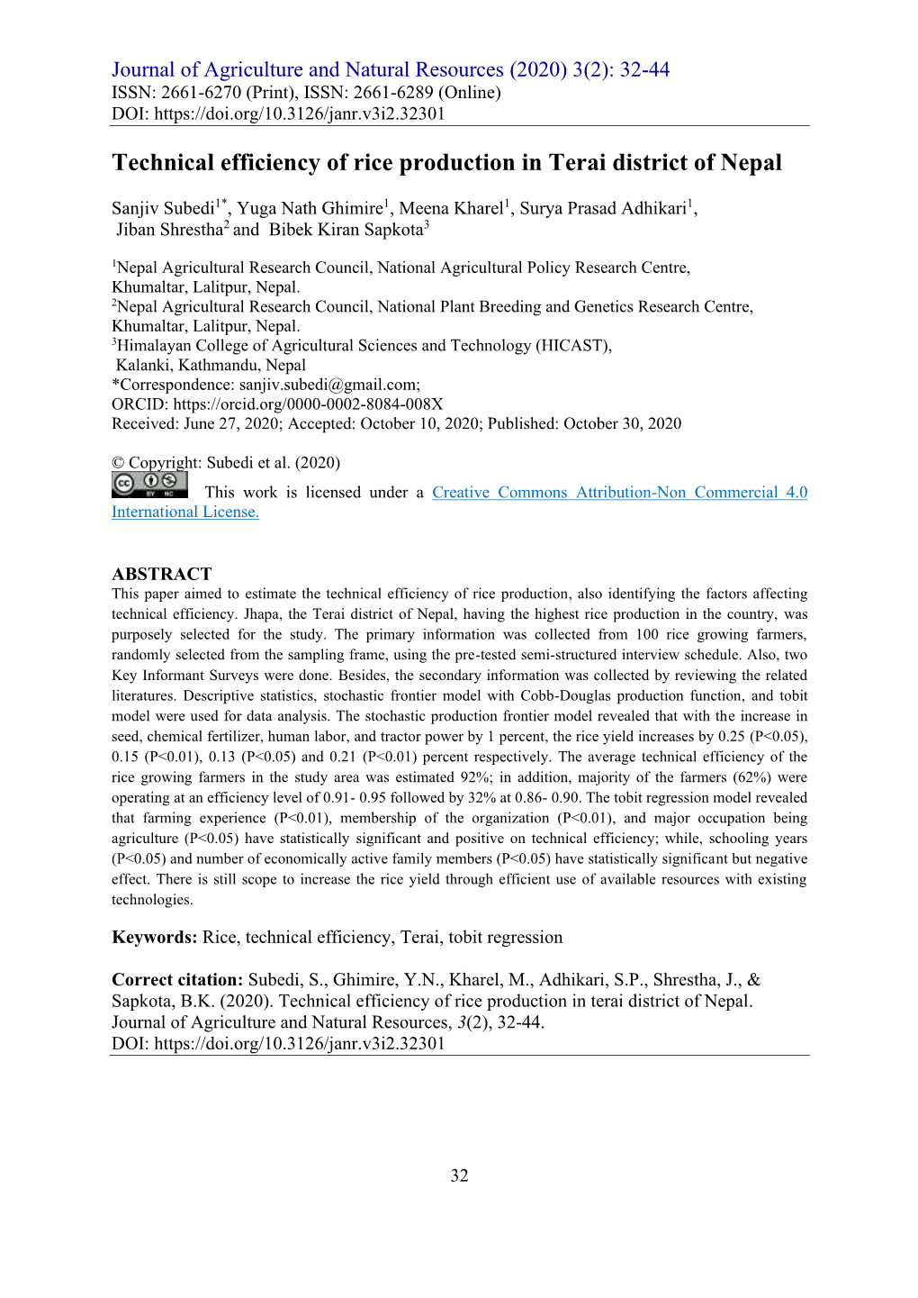 Technical Efficiency of Rice Production in Terai District of Nepal