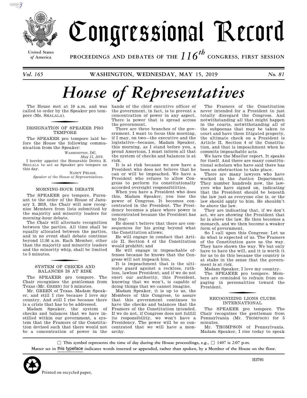 Congressional Record United States Th of America PROCEEDINGS and DEBATES of the 116 CONGRESS, FIRST SESSION