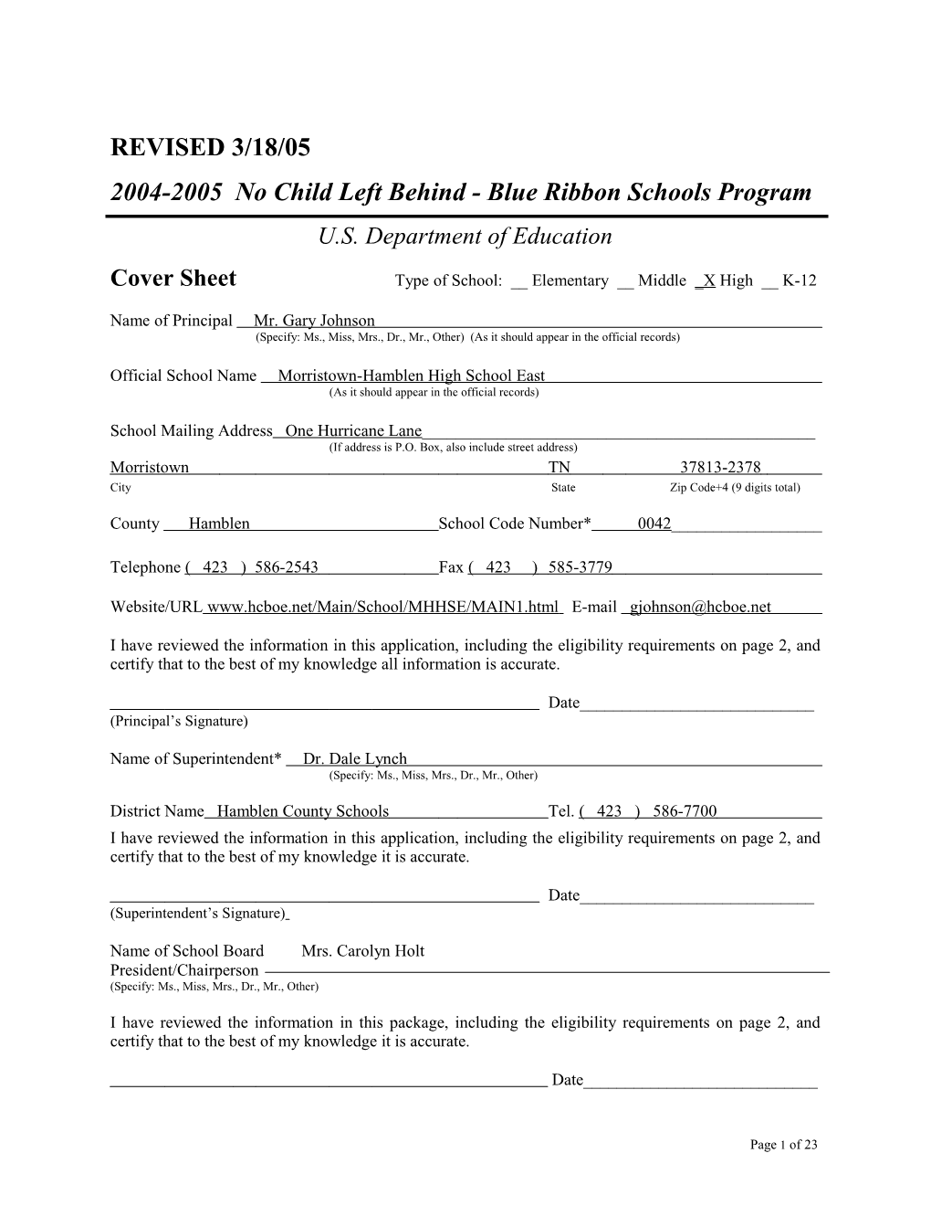 Morristown-Hamblen High School East Application: 2004-2005, No Child Left Behind - Blue