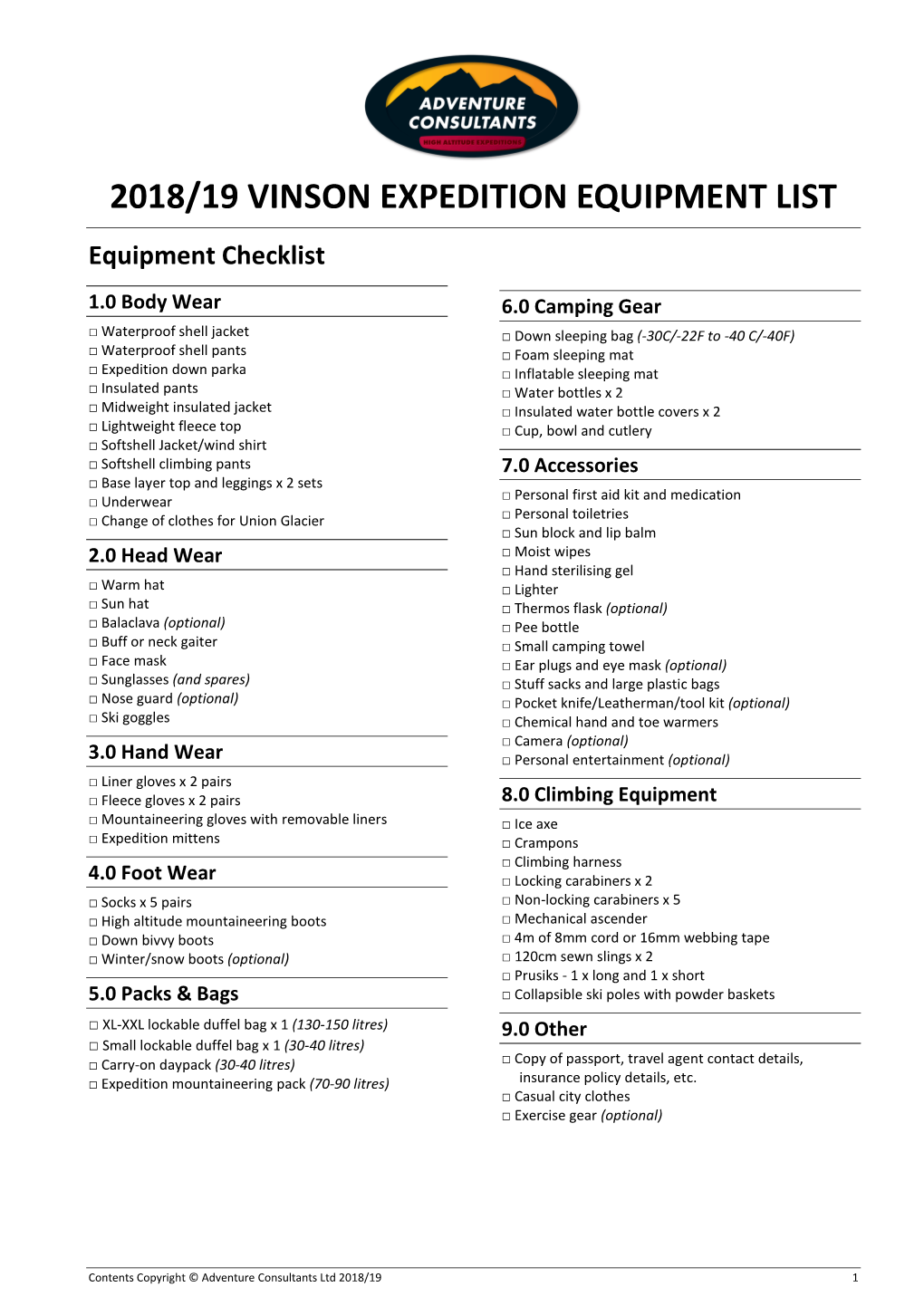 2018/19 VINSON EXPEDITION EQUIPMENT LIST Equipment Checklist