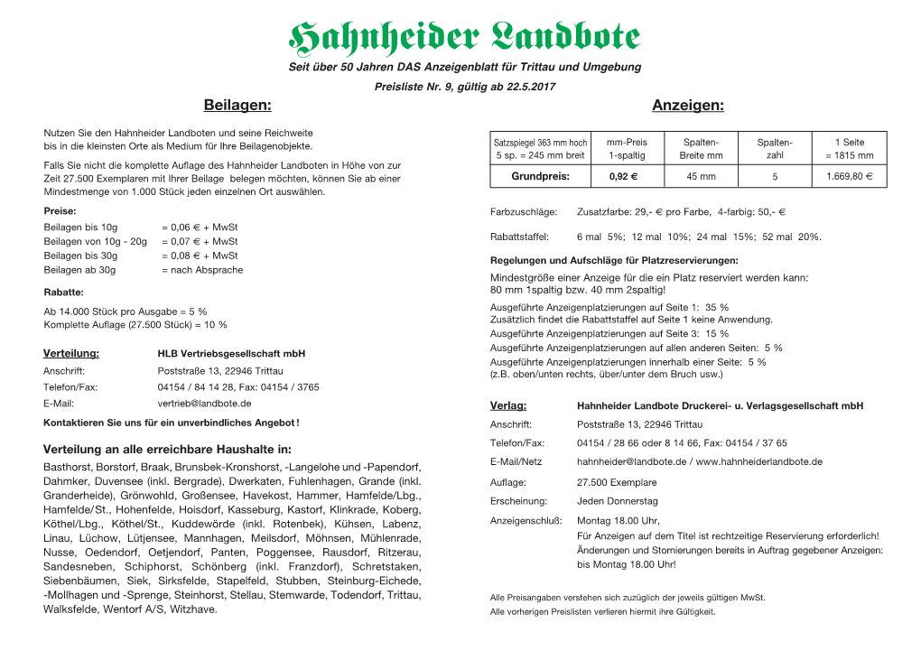 Hahnheider Landbote Seit Über 50 Jahren DAS Anzeigenblatt Für Trittau Und Umgebung Preisliste Nr