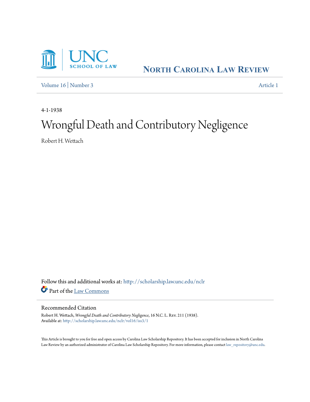 Wrongful Death and Contributory Negligence Robert H
