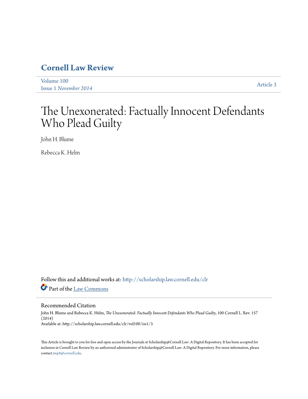 The Unexonerated: Factually Innocent Defendants Who Plead Guilty, 100 Cornell L