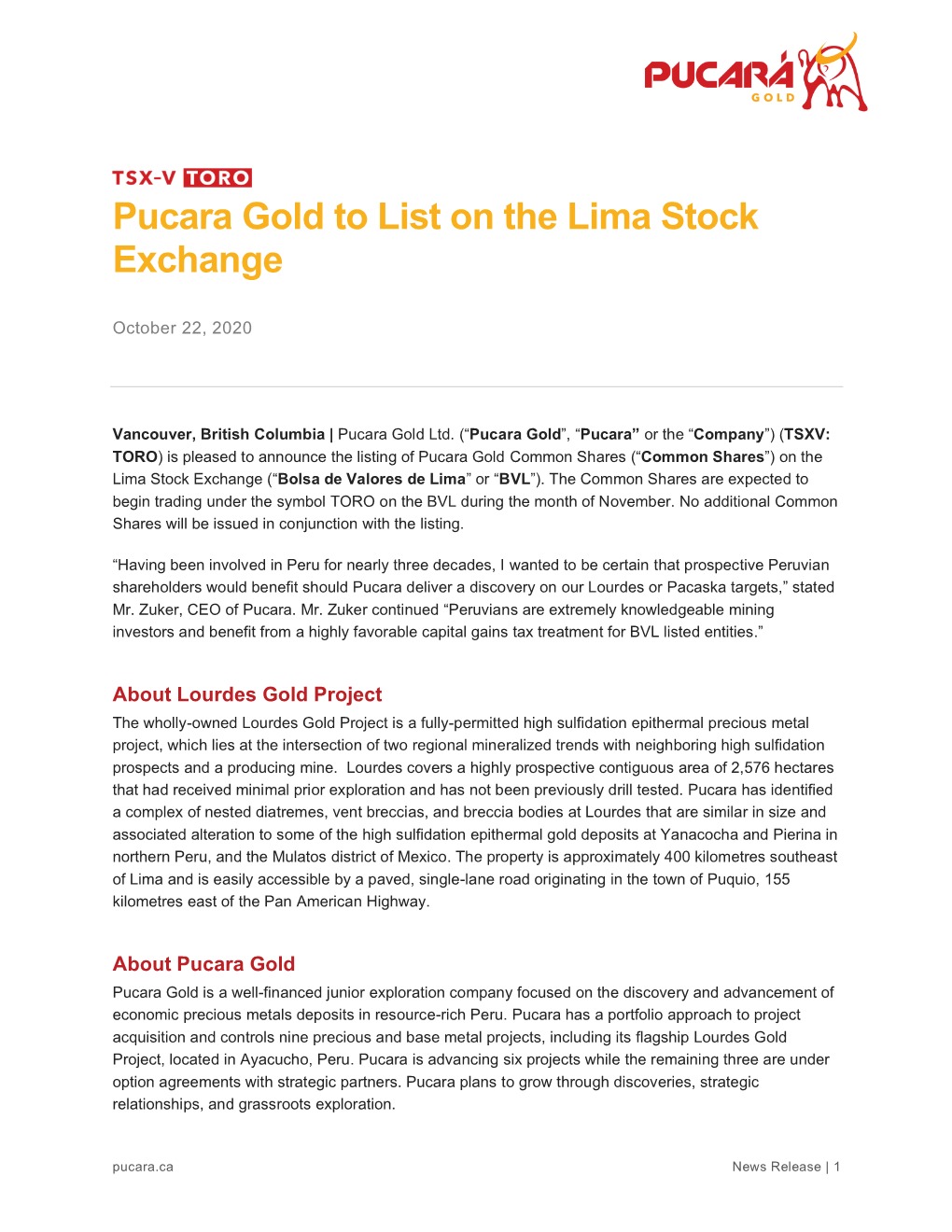 Pucara Gold to List on the Lima Stock Exchange