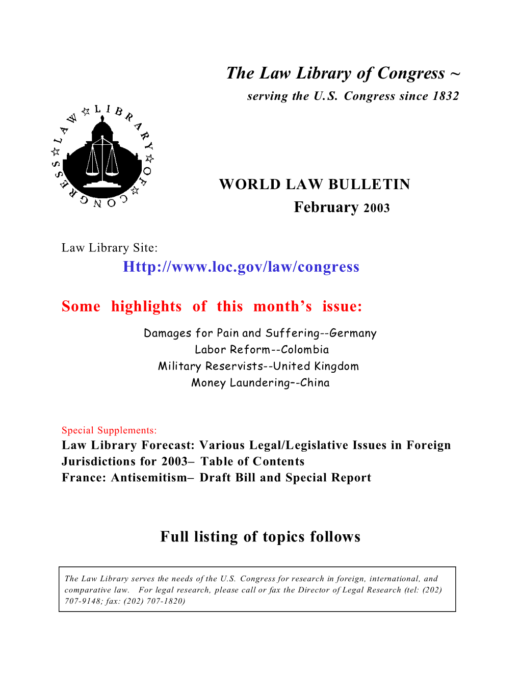 World Law Bulletin: February 2003