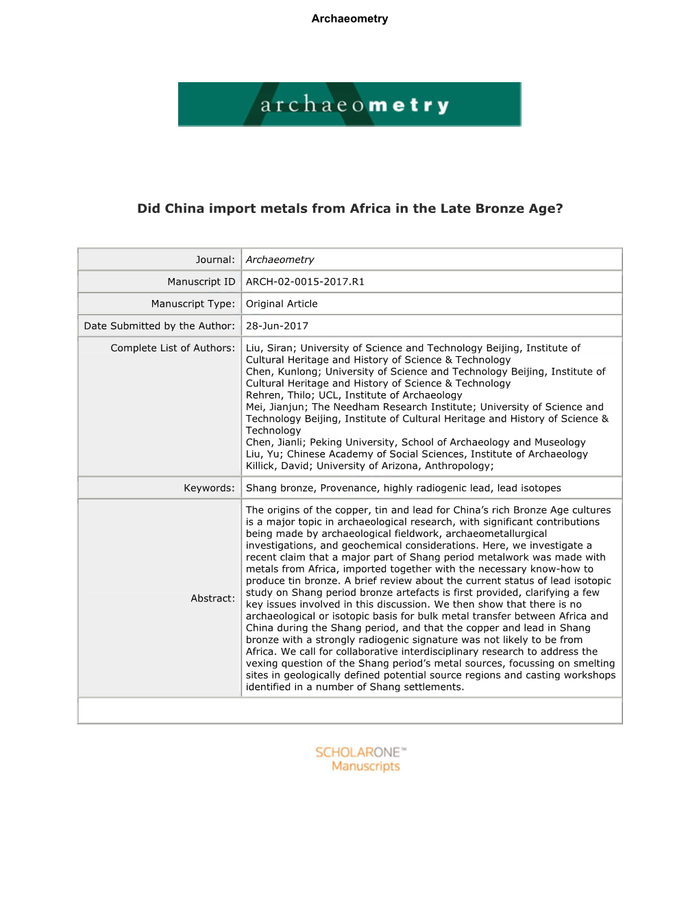 Did China Import Metals from Africa in the Bronze Age? 5 6 7 8 * 9 S