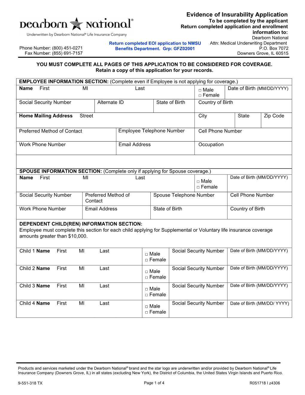 Evidence of Insurability Application