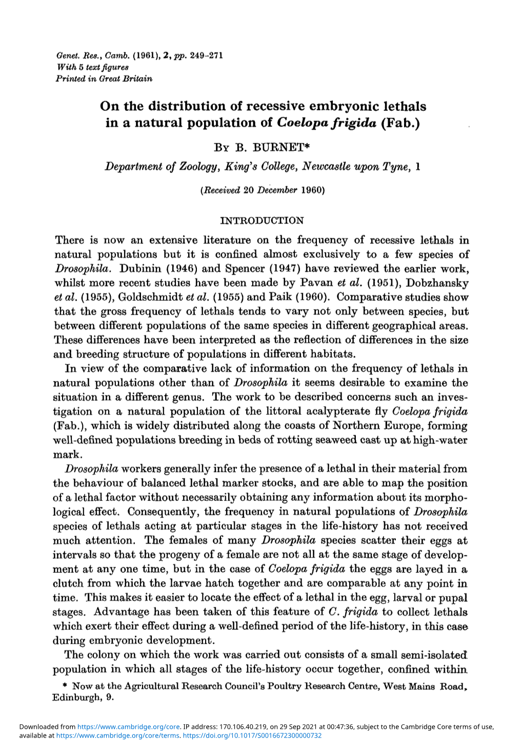 On the Distribution of Recessive Embryonic Lethals in a Natural Population of Coelopa Frigida (Fab.) by B