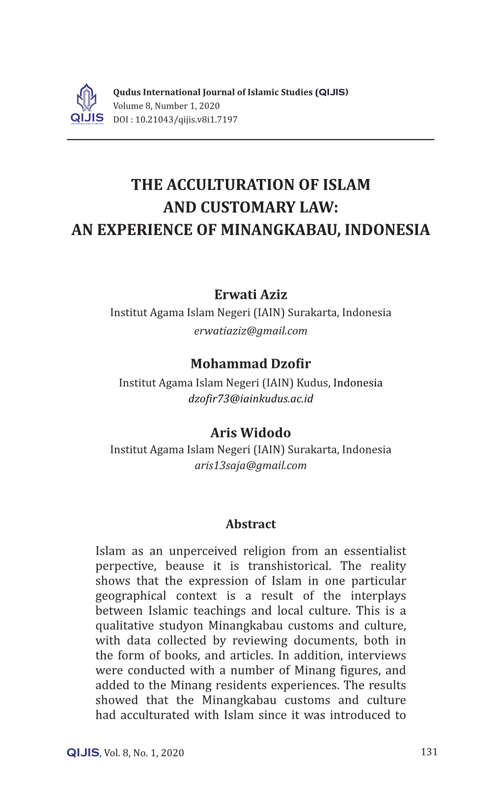 The Acculturation of Islam and Customary Law: an Experience of Minangkabau, Indonesia