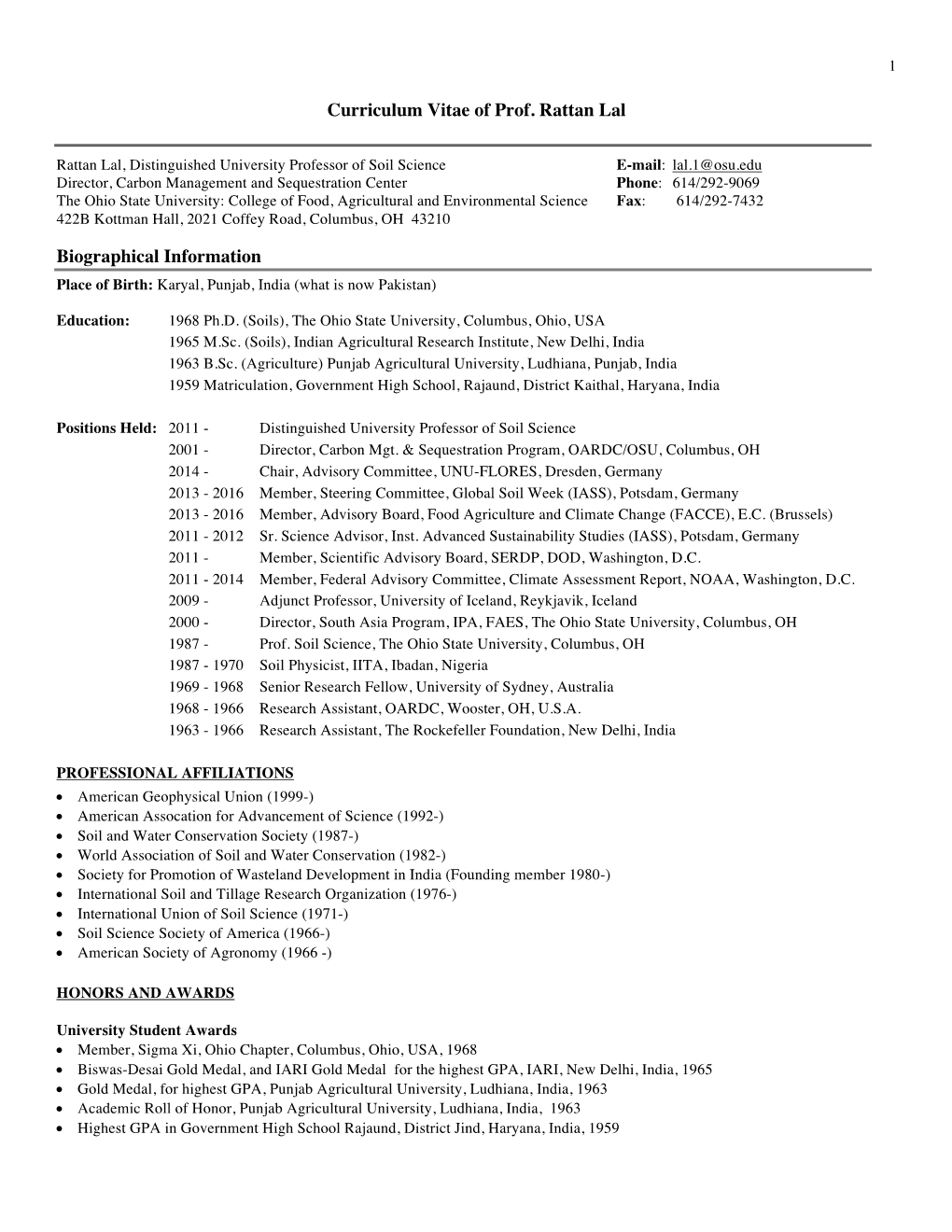 Curriculum Vitae of Prof. Rattan Lal Biographical Information