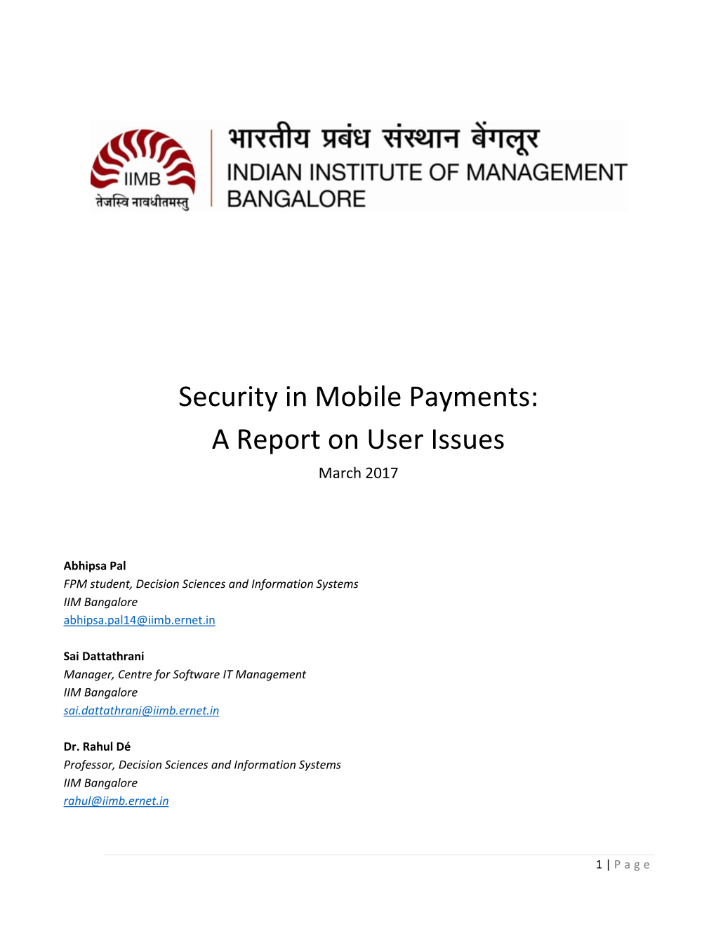 Security in Mobile Payments: a Report on User Issues March 2017