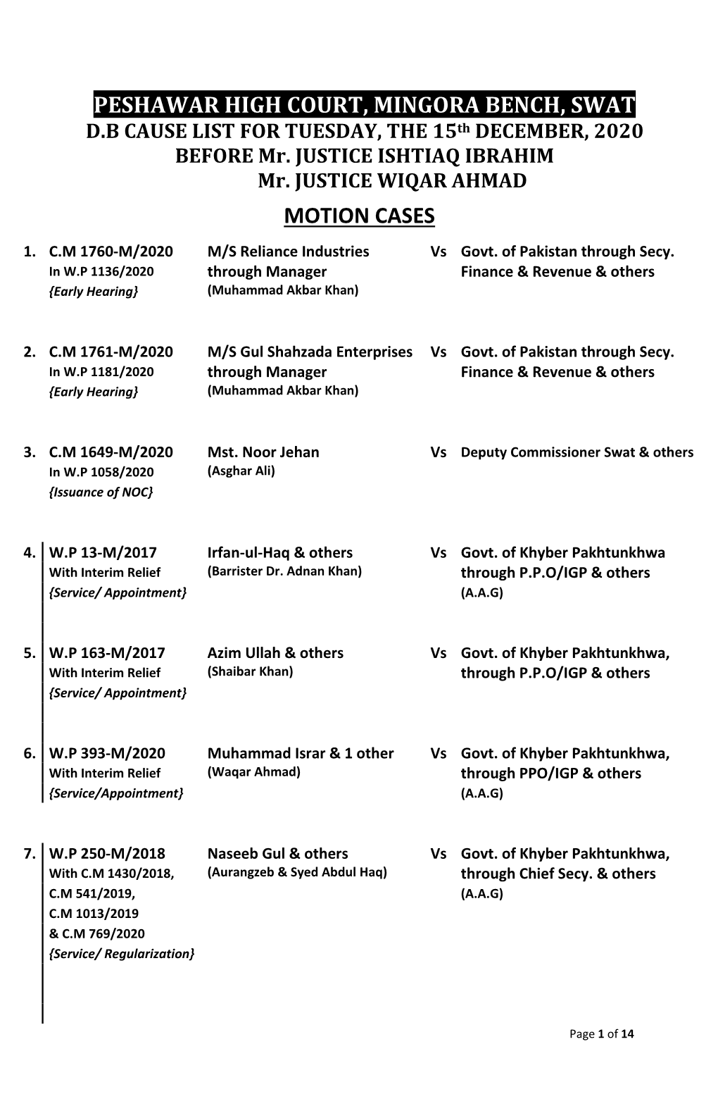 Peshawar High Court, Mingora Bench, Swat Motion